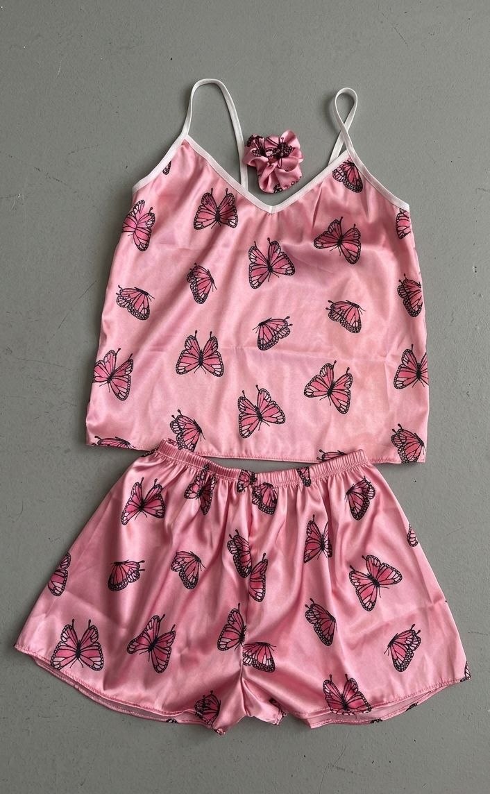 ست تاپ و شرتک لباس خواب زنانه ساتن با کش مو 🎀�